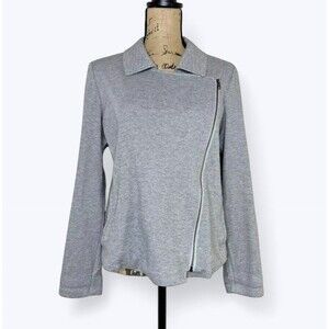 Eileen Fisher Asymmetrical Zip Jacket M Gray Organic Cotton Herringbone Pockets